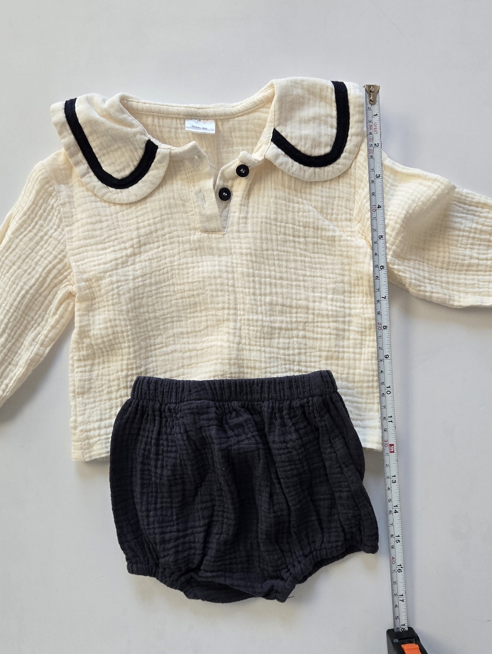 Cream Gauze Top with Contrast Trim Sailor Collar & Navy Bloomer Set 12-18m